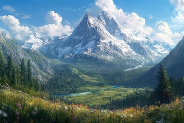 A picturesque view of a valley with a winding river flowing through a lush meadow surrounded by towering mountains.