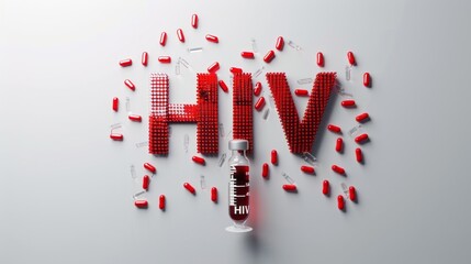 Poster - A bottle of HIV medication is surrounded by red pills