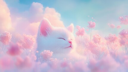 Wall Mural - A white cat is laying in a field of pink flowers