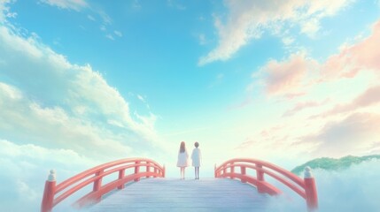 Wall Mural - A couple standing on a bridge looking out over a body of water