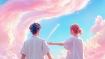 Wall Mural - a couple is holding hands in the sky, with a pink