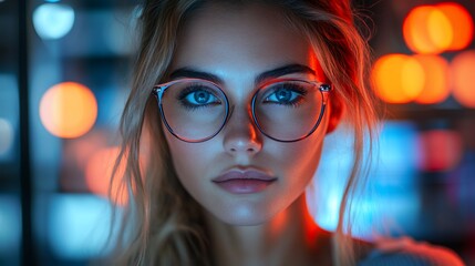 Canvas Print - A young woman with blonde hair and blue eyes wearing glasses, looking directly at the camera. The background is blurred and has orange and blue lights.