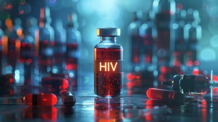 Poster - A bottle of HIV medication is surrounded by other pills