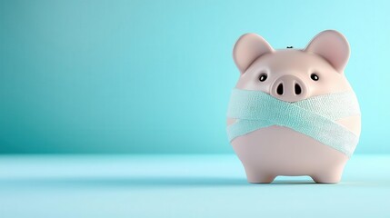 Piggy bank wearing a bandage, whimsical scene of financial struggle during recession, CGI, Sharp Focus, High Resolution, 3D illustration