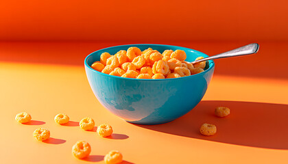 Vibrant Blue Bowl Filled With Crunchy Orange Cereal On Table