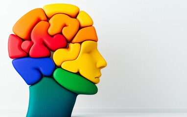 Poster - Head made of different colored blocks. head is made of blocks in the colors red, yellow, green, white. human head with a brain composed of colorful puzzle pieces, each piece fitting together perfectly
