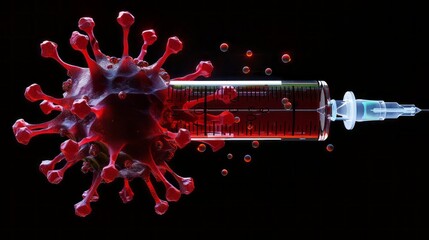 Poster - A syringe with a red liquid in it is being used to inject a virus