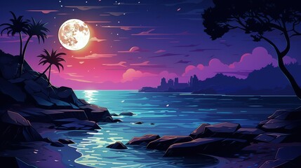 Wall Mural - Serene Nighttime Seascape with Palm Trees and a Full Moon