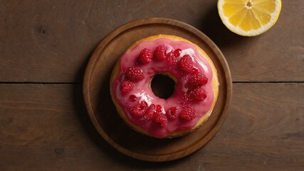 Wall Mural - appetizing raspberry lemonade donut on wooden plate flat lay aesthetic setup for ads