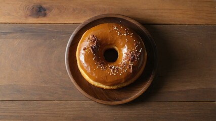 Wall Mural - appetizing pumpkin spice donut on wooden plate flat lay aesthetic setup for ads