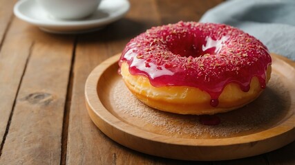 Wall Mural - appetizing raspberry lemonade donut on wooden plate flat lay aesthetic setup for ads