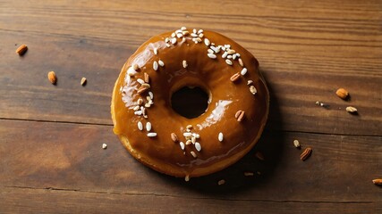 Wall Mural - appetizing pumpkin spice donut on wooden plate flat lay aesthetic setup for ads