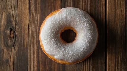 Wall Mural - appetizing powdered sugar donut on wooden plate flat lay aesthetic setup for ads