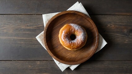 Wall Mural - appetizing powdered sugar donut on wooden plate flat lay aesthetic setup for ads