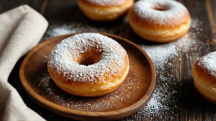 Wall Mural - appetizing powdered sugar donut on wooden plate flat lay aesthetic setup for ads