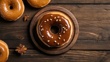 Wall Mural - appetizing maple bar donut on wooden plate flat lay aesthetic setup for ads