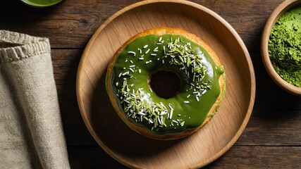 Wall Mural - appetizing matcha green tea donut on wooden plate flat lay aesthetic setup for ads