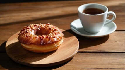 Wall Mural - appetizing maple bacon donut on wooden plate flat lay aesthetic setup for ads