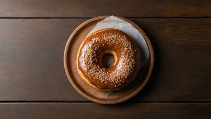 Wall Mural - appetizing maple bar donut on wooden plate flat lay aesthetic setup for ads