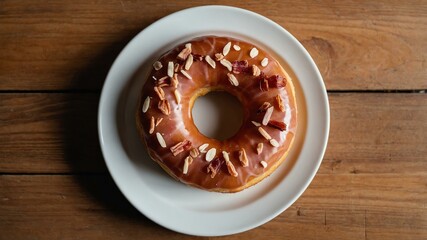Wall Mural - appetizing maple bacon donut on wooden plate flat lay aesthetic setup for ads