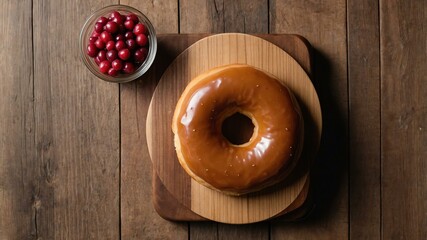 Wall Mural - appetizing maple bar donut on wooden plate flat lay aesthetic setup for ads