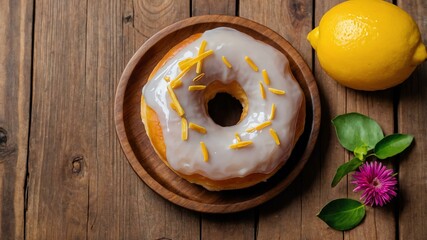 Wall Mural - appetizing lemon glaze donut on wooden plate flat lay aesthetic setup for ads