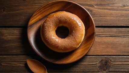 Wall Mural - appetizing cinnamon sugar donut on wooden plate flat lay aesthetic setup for ads