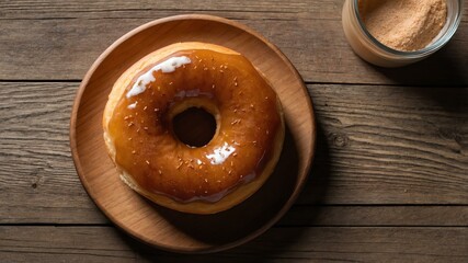 Wall Mural - appetizing cinnamon sugar donut on wooden plate flat lay aesthetic setup for ads