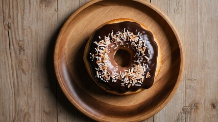Wall Mural - appetizing chocolate frosted donut on wooden plate flat lay aesthetic setup for ads