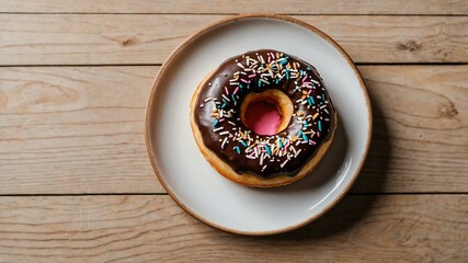 Wall Mural - appetizing almond joy donut on wooden plate flat lay aesthetic setup for ads