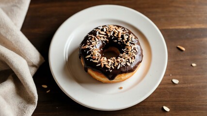 Wall Mural - appetizing almond joy donut on wooden plate flat lay aesthetic setup for ads