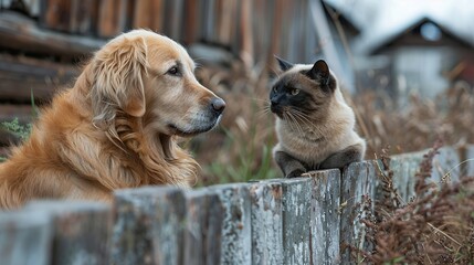 Canvas Print - Golden Retriever and Siamese Cat by a Fence