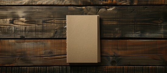 Sticker - Empty Paper Notebook On Brown Wooden Table Background Top View Concept Of A New Workplace Of Office Desks