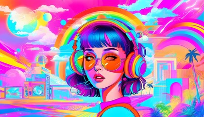 Vibrant pop art portrayal of a girl with headphones in a surreal, colorful landscape filled with rainbows and whimsical dreamlike elements