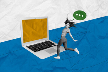 Poster - Image collage of cheerful happy smiling person running big gadget monitor over paper background