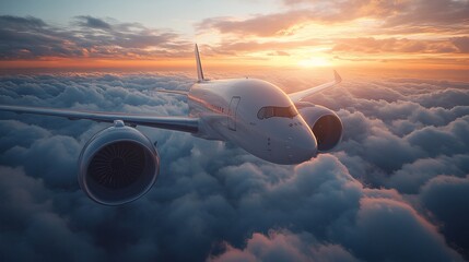 Airplane flying above clouds at sunset.