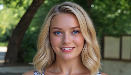 Wall Mural - A blonde woman with blue eyes and a smile