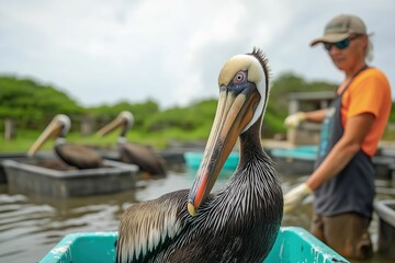 Brown pelican rehabilitation. Marine wildlife conservation efforts and human impact on coastal ecosystems