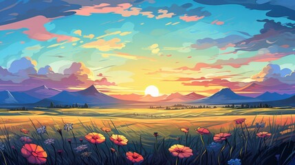 Wall Mural - Vibrant Sunset Over a Field of Wildflowers and Mountains