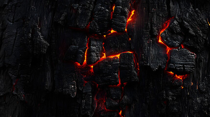 Dark black background of burnt wood with red hot embers still burning.