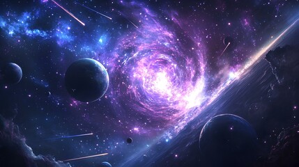 Wall Mural - A vibrant cosmic scene featuring swirling galaxies, distant planets, and shooting stars in a colorful nebula, capturing the vastness of outer space.