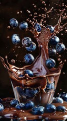 Aufkleber - A glass of chocolate with blueberries in it is splashing out of the glass