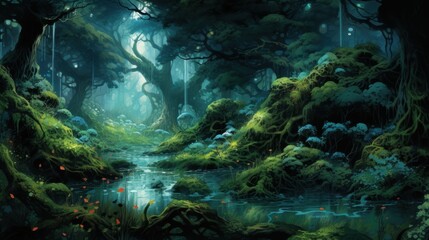 Wall Mural - A Serene Stream Flowing Through A Lush, Mystical Forest