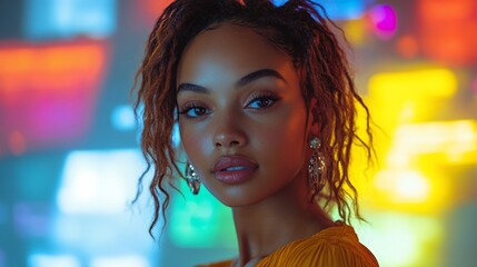 Poster - Close-up portrait of a beautiful young woman with long curly hair, looking at the camera, with colorful lights in the background.