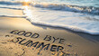 © Stefan - Goodbye summer text a beautiful message on the beach sand, symbolizing the end of vacations holidays, as the sunny sea waves greet the ocean under the bright sunlight on coastline