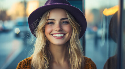 Happy young beautiful attractive Caucasian blonde woman or girl with a stylish hat, smiling in a portrait, the beauty enjoying her vacation, showcasing a cheerful and fashionable lifestyle outdoors