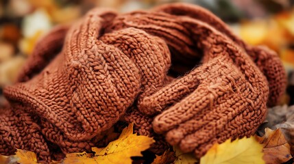 Sticker - A pair of brown knitted gloves lying on autumn leaves.