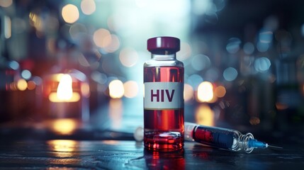 Poster - A bottle of HIV medication sits on a table next to a syringe