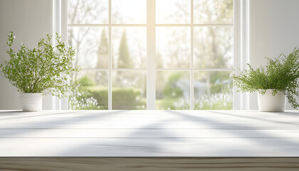 Wall Mural - White wood table with large spring window and copy space