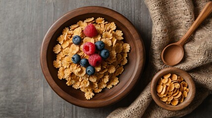 Wall Mural - appetizing breakfast cereals on wooden plate flat lay background